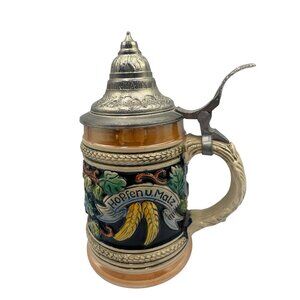 German Beer Stein With Pewter Lid Handarbeit Design WW-Team Handcrafted Germany